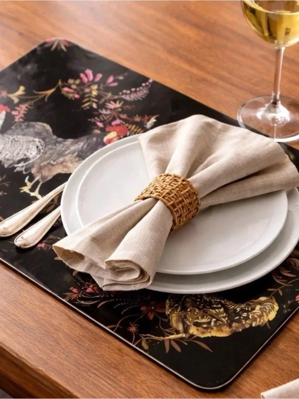 Williams Sonoma Placemats Rooster Francais Set 2 Black Lacquer Cork Backed